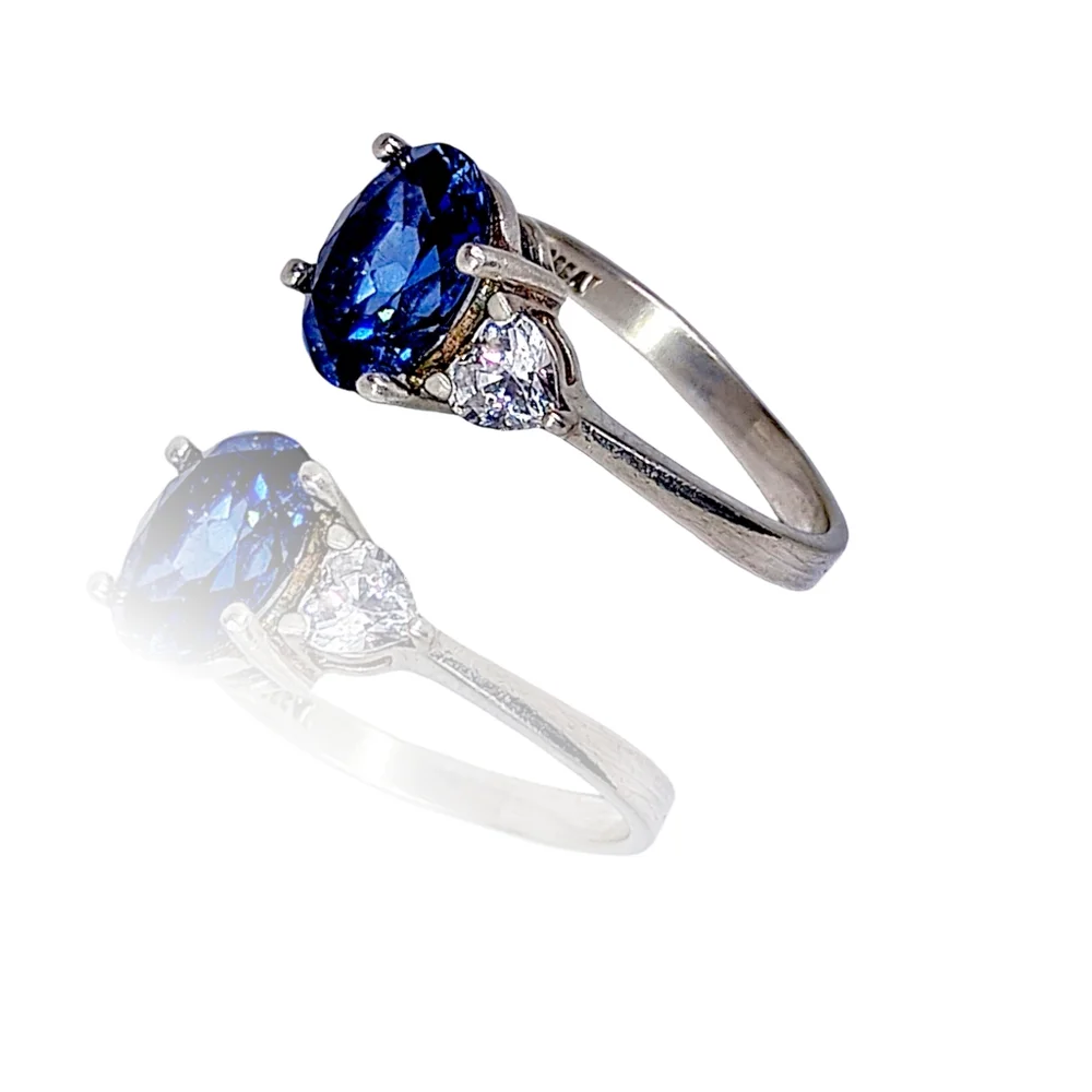DQ CZ 925 Silver Ring with Blue Sapphire CZ Center Stone & Round Shinny Clear CZ